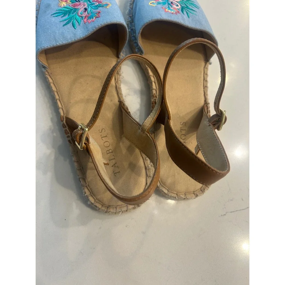 Talbots Espadrille Sandals Blue Flamingo Embroidered Ankle Strap Summer Flats 8M